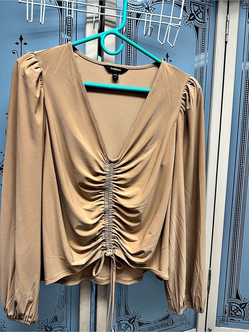 Express Ruched Long Sleeve Blouse in Brown